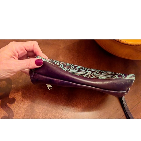 PATRICIA NASH Valerie Turquoise Aqua Brown FLoral Tooled  Foldover Clutch Purse - Picture 6 of 8